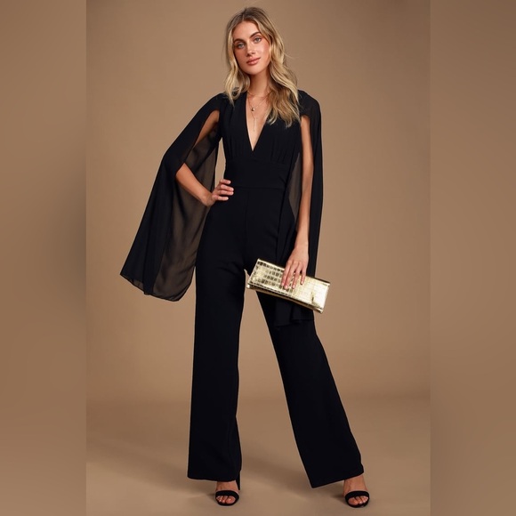Lulus Minerva Black Backless Cape Sleeve Jumpsuit size small - Picture 1 of 16